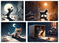 Four scenes of a kitten experiencing different weathers