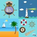 Four sea set with description of lighthouse, boat on beach with palm and clouds, captain hat on the wheel with boat and