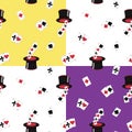 4 seamless repeat patterns of top hats and playing cards