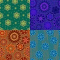 Four seamless pattern with decorative flowers. Blue, green, blue and orange