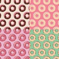 Four seamless patterns with colorful tasty glossy donuts