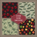 Four seamless patterns with hand painted tomatoes, cucumbers, broccoli, peppers