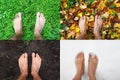 Four season bare man feet stands summer on green grass, winter snow, autumn leaves, spring ground, top view, copy space Royalty Free Stock Photo