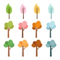 four season trees isolated, spring with flowers, green summer, yellow autumn, snow winter. vector illustration. nature and Royalty Free Stock Photo