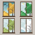 Four seasons: autumn, winter, spring-summer. Vector illustration of seasons. Windows with natural landscapes.