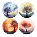 Four Seasons Circle: Watercolor Trees In Autumn Royalty Free Stock Photo