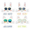 Four seasons cute cat, bunny faces set Royalty Free Stock Photo