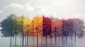 Four seasons depicted in a row of trees in a misty landscape Royalty Free Stock Photo