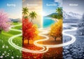 Four seasons are depicted in a vertical split design. Spring shows Royalty Free Stock Photo
