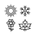 Four seasons icon set. 4 Vector graphic element illustrations representing winter, spring, summer, autumn. Snowflake Royalty Free Stock Photo