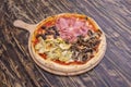 Four seasons pizza with artichoke hearts, sliced mushrooms, pitted olives Royalty Free Stock Photo