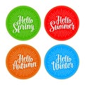 Four seasons stickers set. Hello Winter, Spring, Summer, Autumn lettering Royalty Free Stock Photo