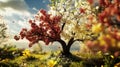 Four Seasons Tree Digital Art: Red White Yellow Blossoms Meadow Royalty Free Stock Photo