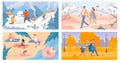 Four seasons of year winter, spring, summer and autumn, people spend time outdoor, vector illustration