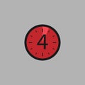 Four Seconds Clock on gray background. Stopwatch icon in flat style, red timer. Sport clock. Royalty Free Stock Photo