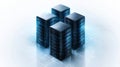 Four server racks with glowing blue lights on a white background with a circuit board pattern