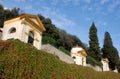 Four of the seven churches of caper plants and large cypresses in Monselice through the hills in the Veneto (Italy)