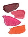 Four Shades of Lipstick and Lip Gloss Swatches on a White Background
