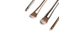 Four shiny bronze- and silver-coloured makeup brushes for applying powder, eyeshadow, eyeliner, bronzer and highlighter arranged