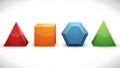 Four Shiny Geometric Solids: Tetrahedron, Cube Octahedron, Pentagonal Bipyramid and Triangular Pyramid Royalty Free Stock Photo
