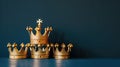 Four shiny golden crowns stand out against a navy blue background. Ai Generated Royalty Free Stock Photo