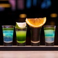 Four shots with alcoholic cocktails on a wooden plank
