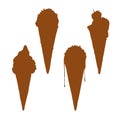 Four silhouette of chocolate waffle ice cream, on white background.