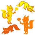 Four Silhouettes of foxes orange and yellow, cartoon on white