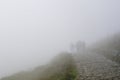 Four silhouettes of people in thick fog on rocky hiking trail in the mountains