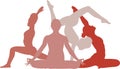 Four silhouettes of various women in position yoga pose Indian East Asana