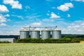 four silos in rural area at the field in spring time Royalty Free Stock Photo