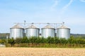 four silos in rural area at the field in spring time Royalty Free Stock Photo