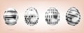 Four silver eggs on the pink background. Isolated objects for Easter. Cross, dots and stripes ornate Royalty Free Stock Photo