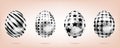 Four silver eggs on the pink background. Isolated objects for Easter. Cross, dots, stripes and stars Royalty Free Stock Photo