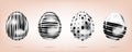 Four silver eggs on the pink background. Isolated objects for Easter. Dots and stripes ornate Royalty Free Stock Photo