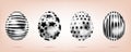 Four silver eggs on the pink background. Isolated objects for Easter. Star, dots and stripes ornate Royalty Free Stock Photo