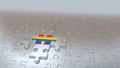 Four Silver Puzzle Pieces hold One Rainbow Piece Royalty Free Stock Photo