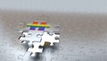 Four Silver Puzzle Pieces hold One Rainbow Piece above white hole Royalty Free Stock Photo