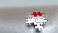 Four Silver Puzzle Pieces hold One Red Piece above white hole Royalty Free Stock Photo