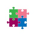 Four simple multi-colored puzzle pieces on a white background.
