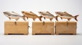 Four Skinny Fish Carrying Wooden Box - Detailed 8k Octane Render Royalty Free Stock Photo