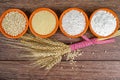 Four small bowls with whole wheat, couscous, whole wheat flour, all purpose flour and sheaf of wheat ears Royalty Free Stock Photo