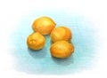 Four small yellow lemons on blue background hand drawn in colored pencils