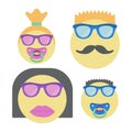 Four smiles for family. Smiley woman in sunglasses with lipstick, man with moustache and children with nipple.