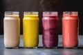 four smoothies and shakes of different colors, textures, and flavors Royalty Free Stock Photo