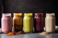 four smoothies and shakes of different colors, textures, and flavors Royalty Free Stock Photo