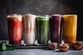 four smoothies and shakes of different colors, textures, and flavors Royalty Free Stock Photo