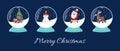 Four snow globes with snowman, Santa Claus, Christmas tree, reindeer. Royalty Free Stock Photo