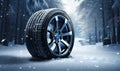 Four snow tires are shown in the snow