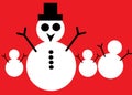 Four snowmen against a red backdrop - one in the foreground has facial features buttons and hat